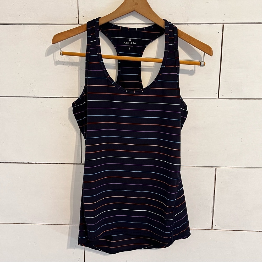 Athleta Navy Rainbow Pin Striped Racerback Tank Top. Size Small.